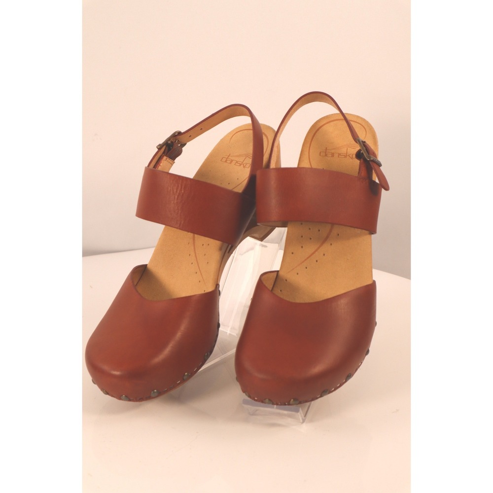Dansko Brown Leather Slingback Clog Platform Heels Studded Wood Sole EU39/US 8 - Picture 2 of 8